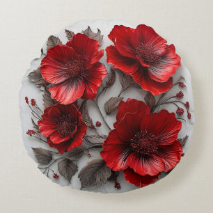 Beautiful Red Flowers and Leaves Round Cushion