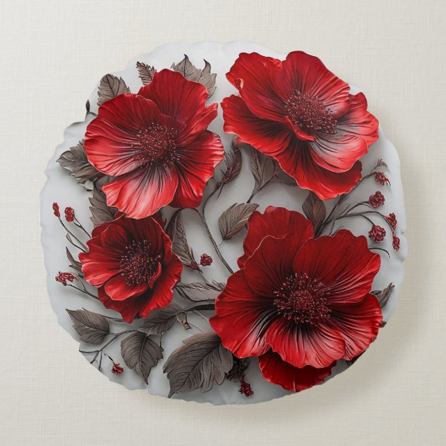 Beautiful Red Flowers and Leaves Round Cushion (Front)