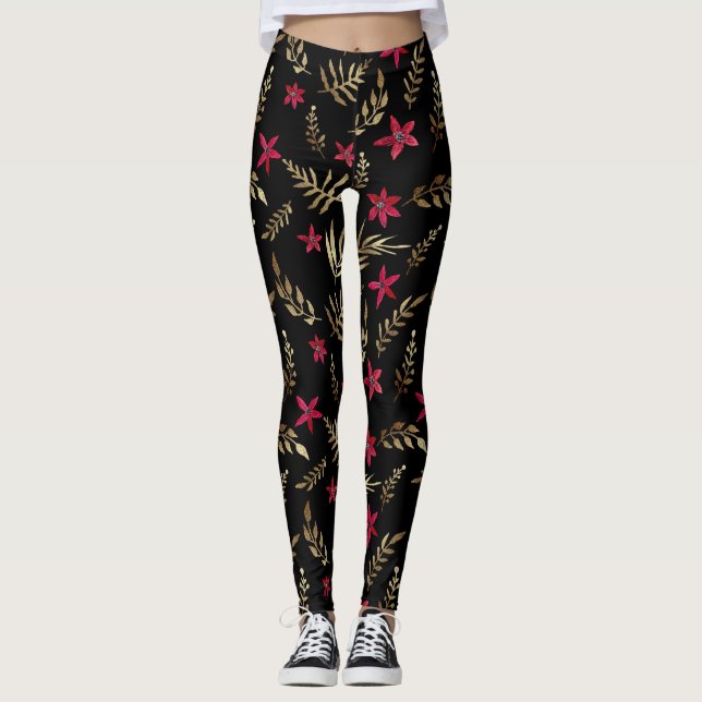 Beautiful red flowers golden shine leaves black el leggings (Front)