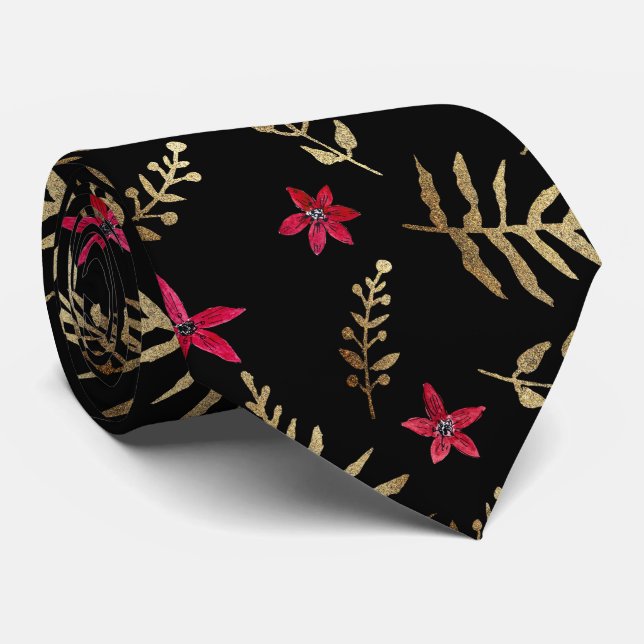 Beautiful red flowers golden shine leaves black el tie (Rolled)