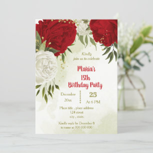 Beautiful red flowers green leaves birthday invitation