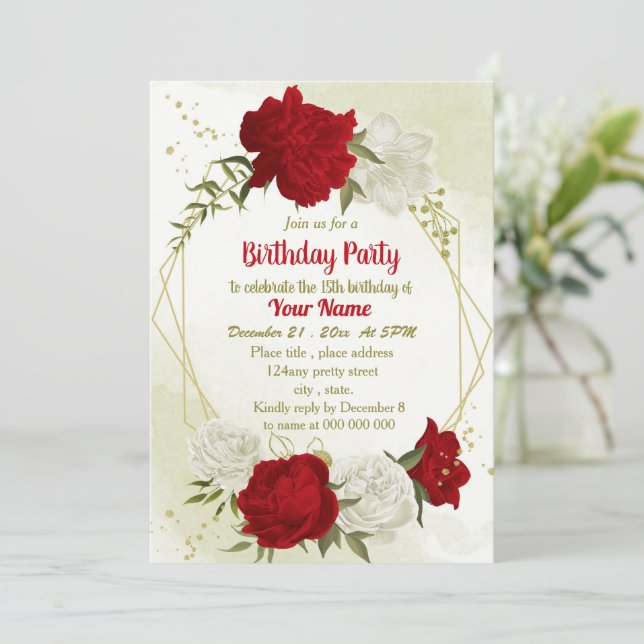 Beautiful red flowers green leaves birthday  invitation (Standing Front)
