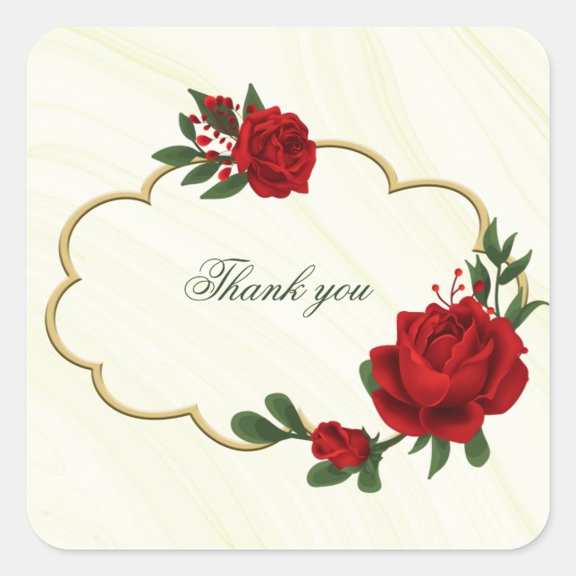 beautiful red flowers green leaves thank you square sticker (Front)