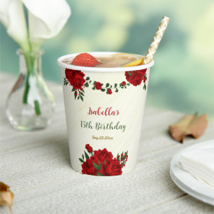beautiful red flowers greenery wedding paper cups