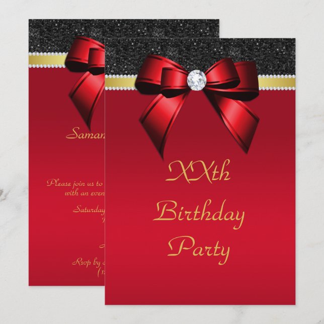 Beautiful Red, Gold & Black Jewel Birthday Invitation (Front/Back)