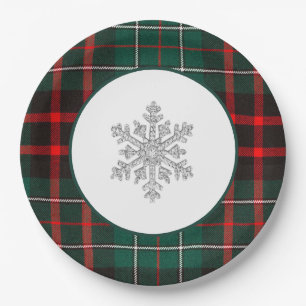 Beautiful Red & Green Christmas Plaid Snowflake Paper Plate