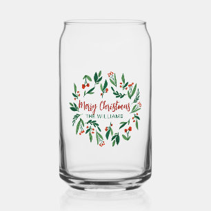 Beautiful Red Green Holly Berry Custom Christmas Can Glass