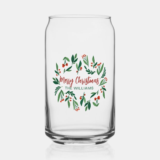 Beautiful Red Green Holly Berry Custom Christmas Can Glass (Front)