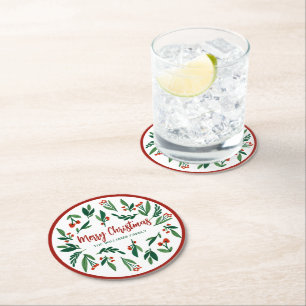 Beautiful Red Green Holly Berry Custom Christmas Round Paper Coaster