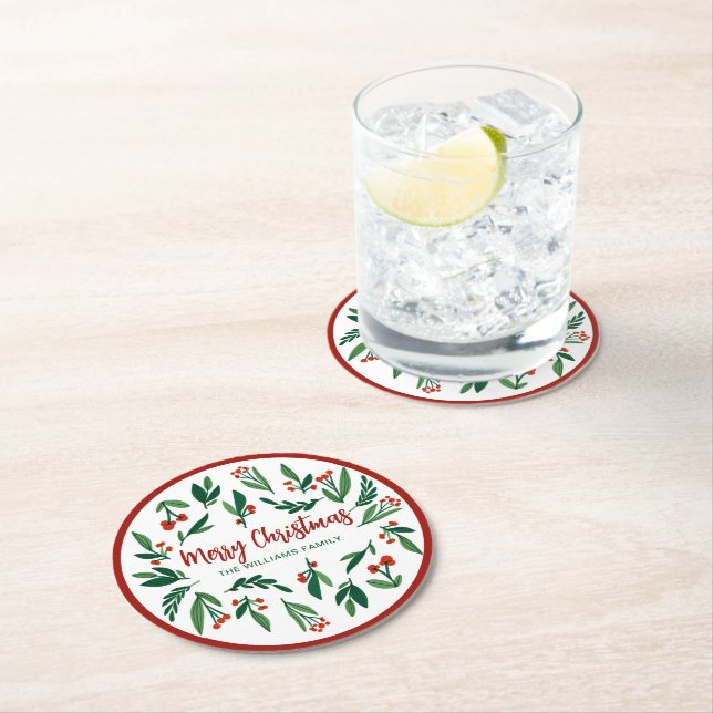 Beautiful Red Green Holly Berry Custom Christmas Round Paper Coaster (Insitu)