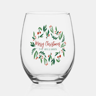 Beautiful Red Green Holly Berry Custom Christmas Stemless Wine Glass