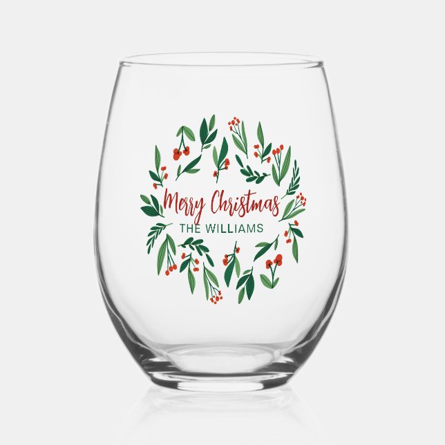 Beautiful Red Green Holly Berry Custom Christmas Stemless Wine Glass (Front)