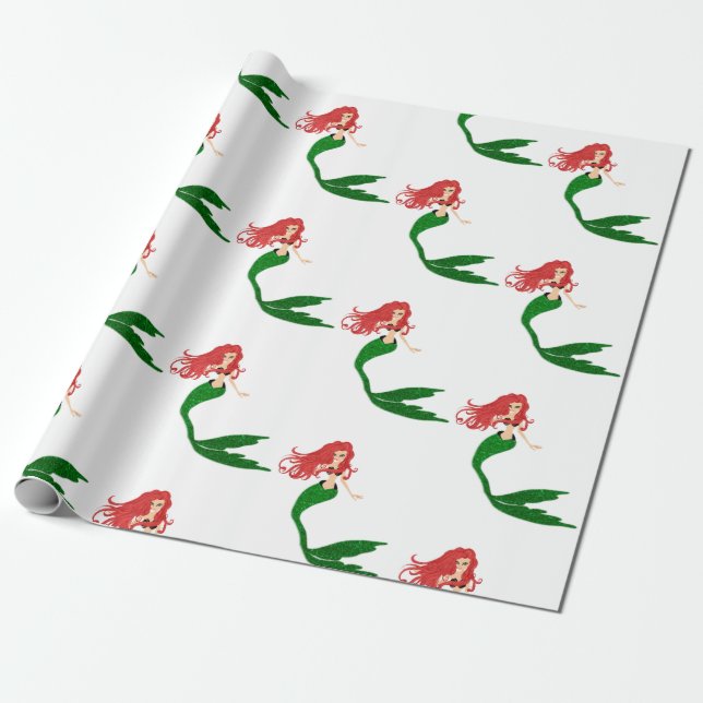 Beautiful Red Green Mermaid Holiday Christmas Wrapping Paper (Unrolled)
