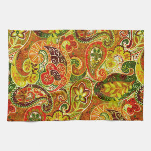Beautiful Red Green Paisley Floral Pattern Tea Towel