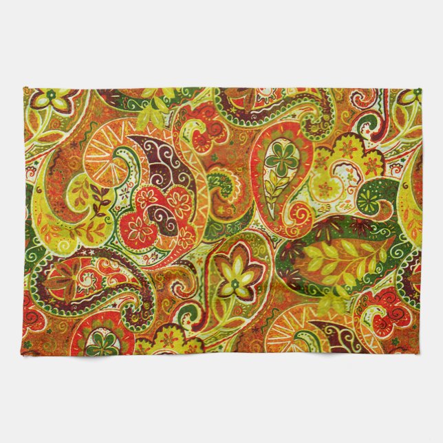 Beautiful Red Green Paisley Floral Pattern Tea Towel (Horizontal)