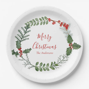 Beautiful Red & Green Watercolor Christmas Wreath Paper Plate