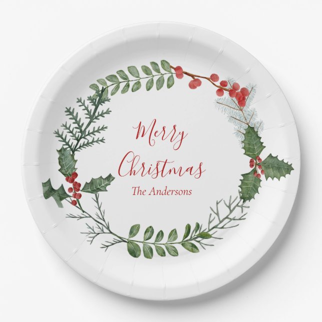 Beautiful Red & Green Watercolor Christmas Wreath Paper Plate (Front)