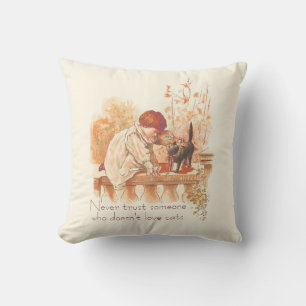 Beautiful Red Haired Child with Kitten Cat Quote  Cushion