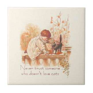 Beautiful Red Haired Child with Kitten Cat Quote Tile