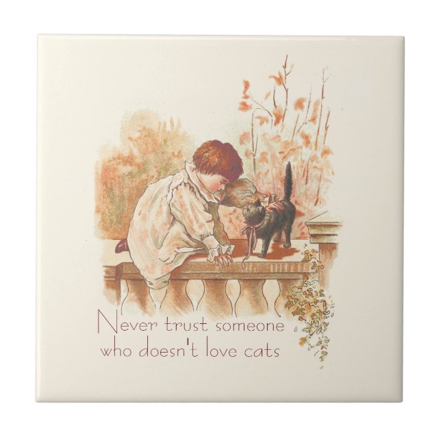 Beautiful Red Haired Child with Kitten Cat Quote  Tile (Front)