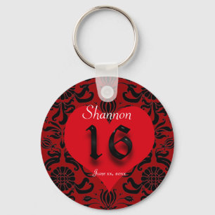 Beautiful Red Heart, Damask, Sweet Sixteen Favour Key Ring