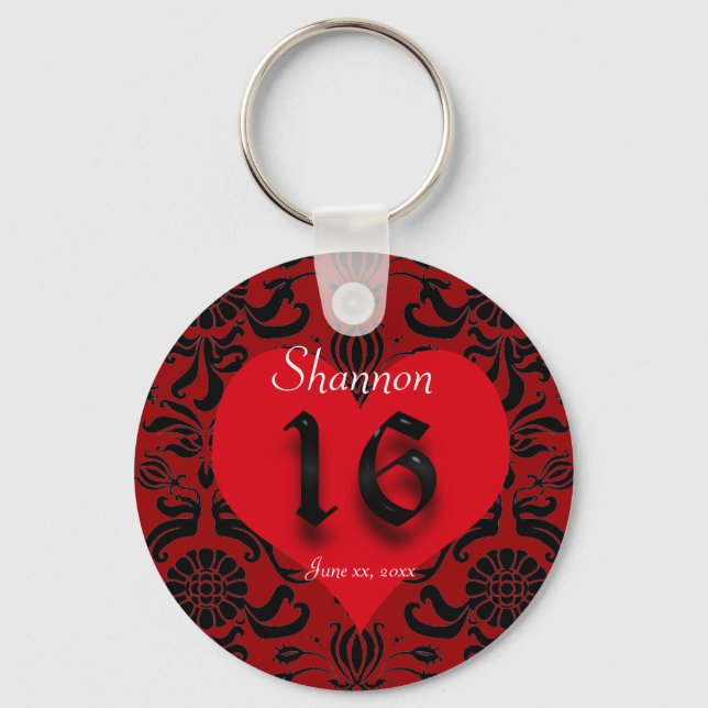 Beautiful Red Heart, Damask, Sweet Sixteen Favour Key Ring (Front)