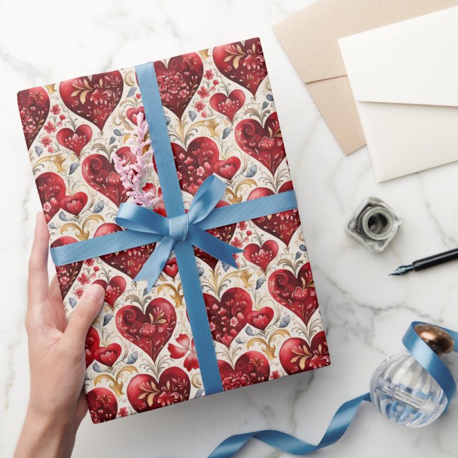 Beautiful Red Hearts and Flowers Vintage Wrapping Paper (Gifting)