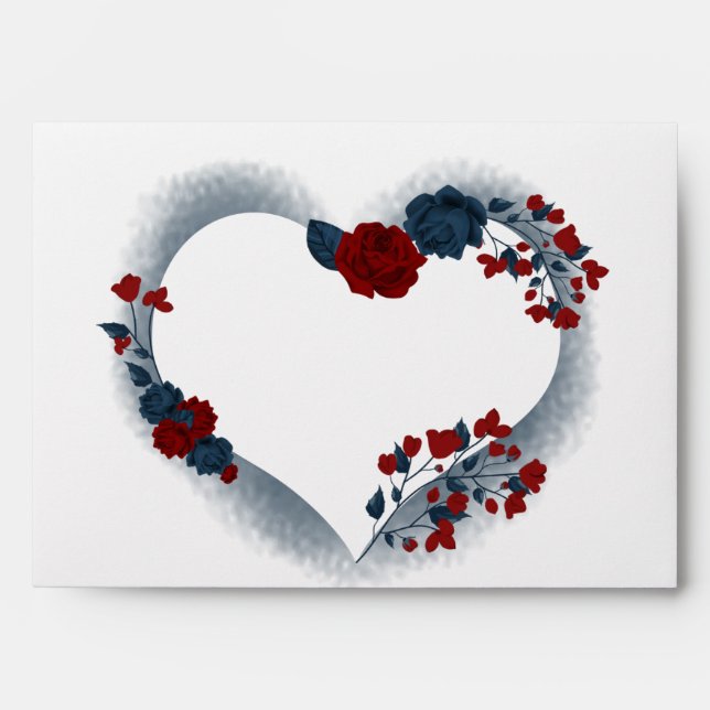 Beautiful red navy blue floral heart wedding envelope (Front)
