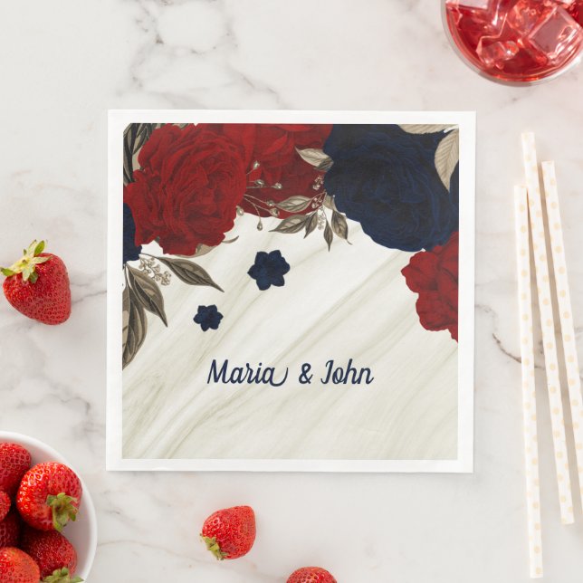 Beautiful red & navy flowers botanical  napkin (Insitu)