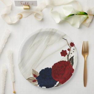Beautiful red & navy flowers botanical paper plate