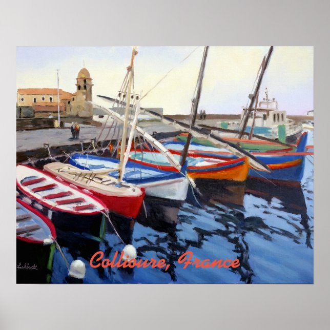 Beautiful Red Orange Blue Green Boats in Collioure Poster (Front)