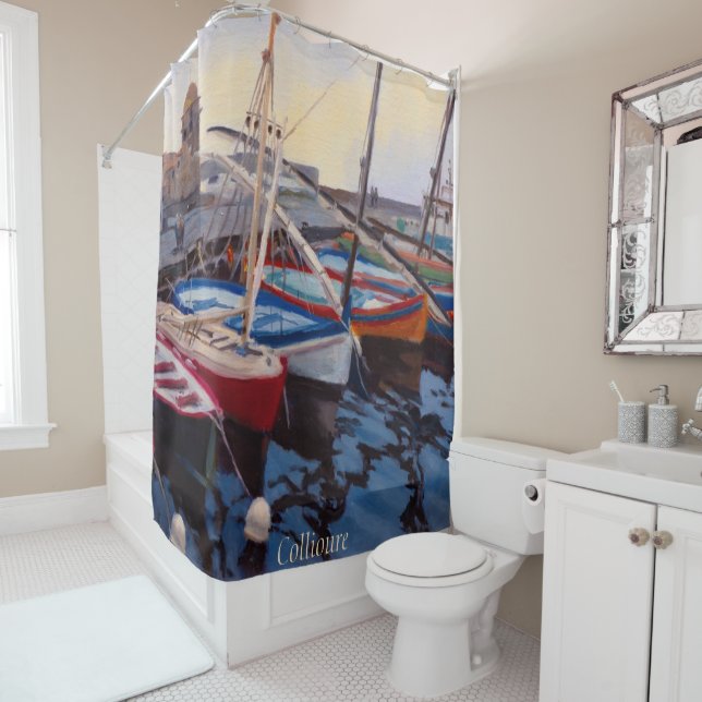Beautiful Red Orange Blue Green Boats in Collioure Shower Curtain (In Situ)