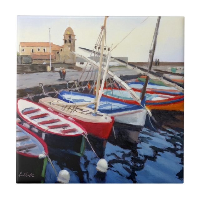 Beautiful Red Orange Blue Green Boats Tile (Front)