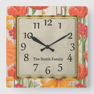 Beautiful Red Orange Yellow Floral Wood Square Wall Clock