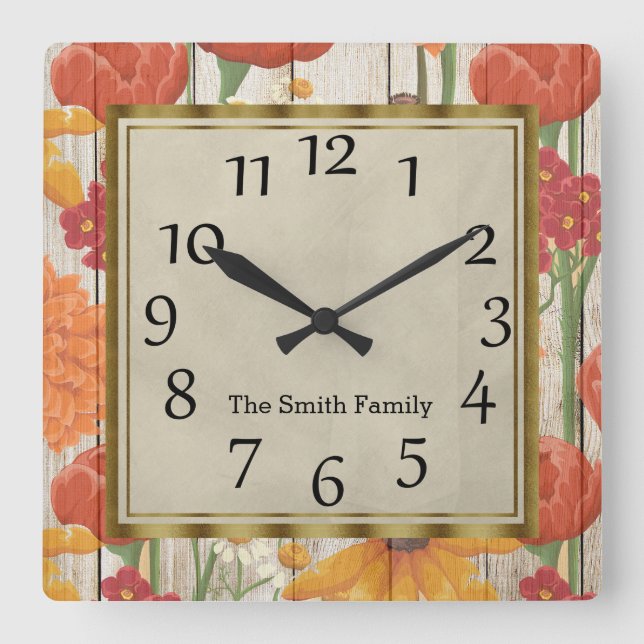 Beautiful Red Orange Yellow Floral Wood Square Wall Clock (Front)