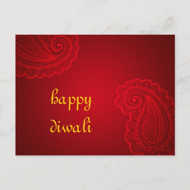 Beautiful Red Paisley Floral Design Happy Diwali Postcard (Front)