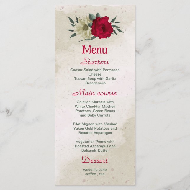  beautiful red pale yellow flowers wedding menu (Front)