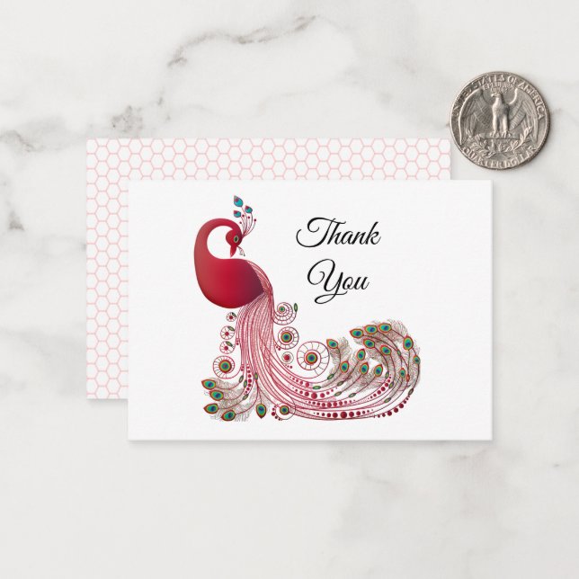 Beautiful Red Peacock Thank You Cards (Front/Back In Situ)