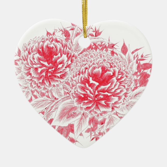 Beautiful Red Peonies Ceramic Tree Decoration (Front)