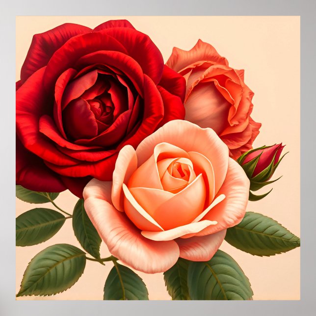 Beautiful Red, Pink, and Coral Roses Poster (Front)
