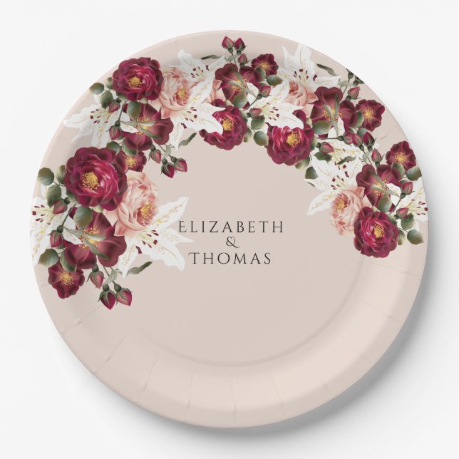 Beautiful Red Pink Roses White Lilies Wedding Pape Paper Plate (Front)