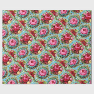 BEAUTIFUL RED PINK YELLOW ROSES IN BLUE WRAPPING PAPER