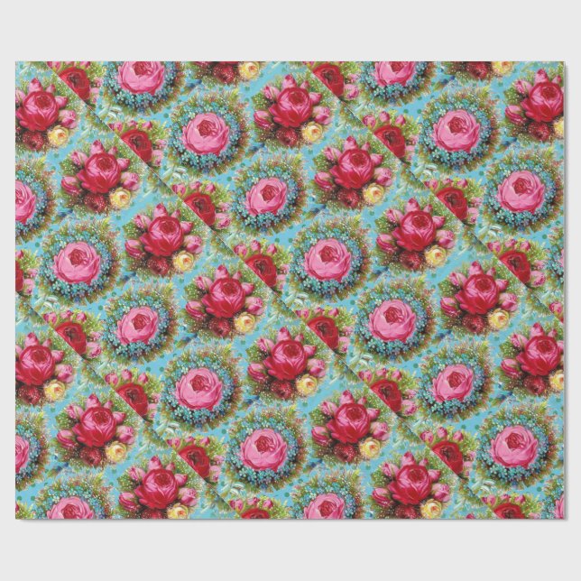 BEAUTIFUL RED PINK YELLOW ROSES IN BLUE WRAPPING PAPER (Flat)