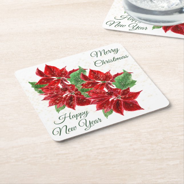 Beautiful Red Poinsettia Bouquet Paper Coasters (Angled)