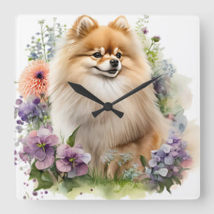 BEAUTIFUL RED POMERANIAN DOG WITH WILDFLOWERS SQUARE WALL CLOCK