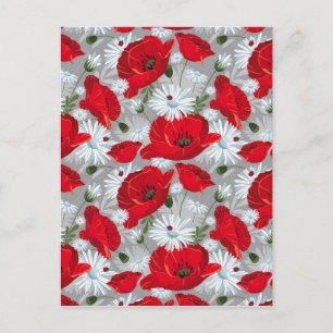 Beautiful red poppy, white daisies and ladybug postcard