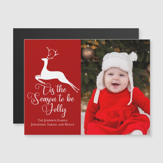 Beautiful Red Reindeer Christmas Photo Magnet Card (Front/Back)