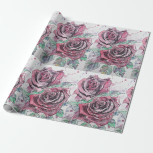 Beautiful Red Rose and Ink Watercolor Painting Wrapping Paper
