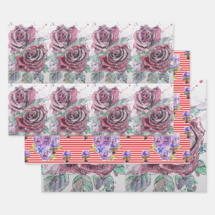 Beautiful Red Rose and Ink Watercolor Painting Wrapping Paper Sheet