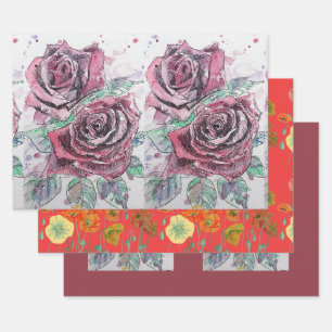 Beautiful Red Rose and Ink Watercolor Painting Wrapping Paper Sheet